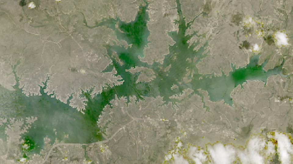 Amistad Reservoir from space, highest since 2016, Jul 13, 2019