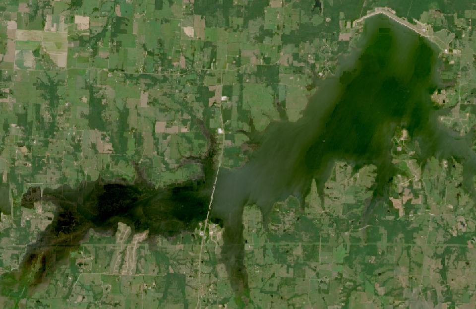 Bois d'Arc Lake from space, highest since 2016, Jul 19, 2025