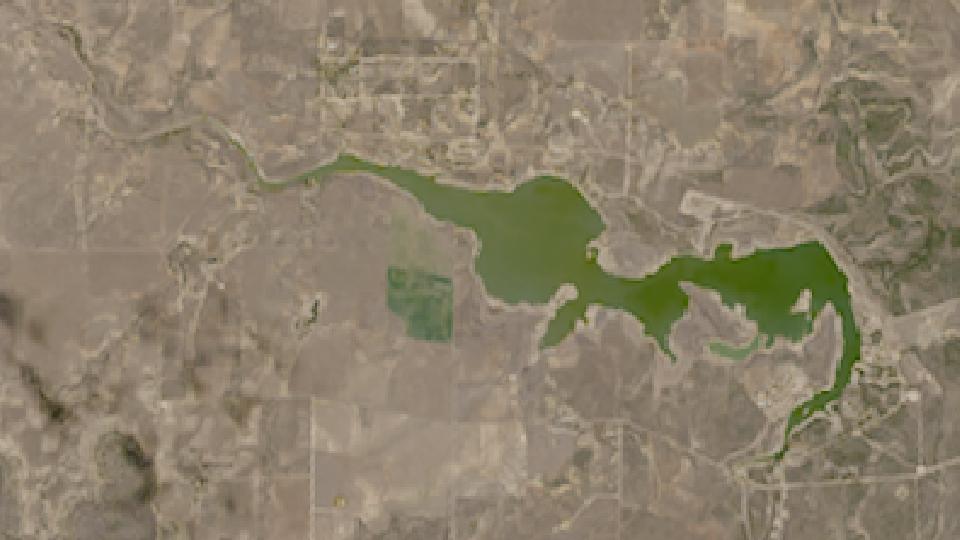 Brady Creek Reservoir from space, lowest since 2016, Feb 28, 2025