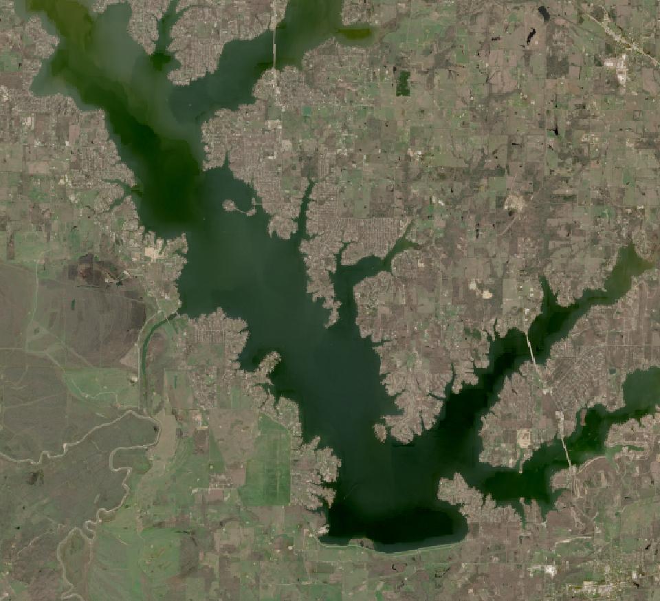 Cedar Creek Reservoir from space, highest since 2016, Mar 16, 2025