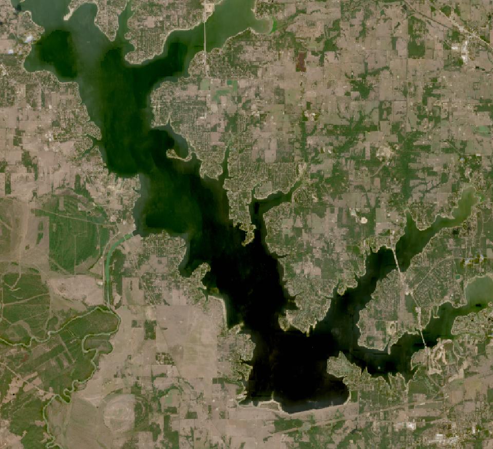 Cedar Creek Reservoir from space, lowest since 2016, Sep 29, 2026