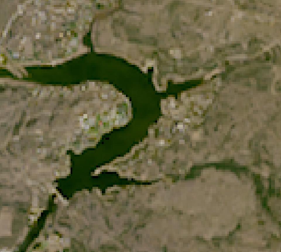 Inks Lake from space, lowest since 2016, Oct 26, 2025
