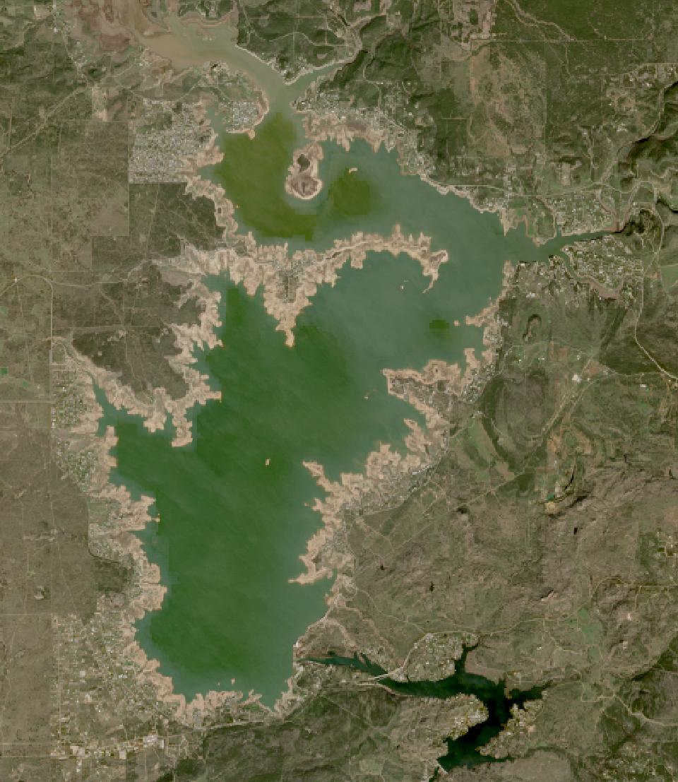 Lake Buchanan from space, lowest since 2016, Jan 9, 2024
