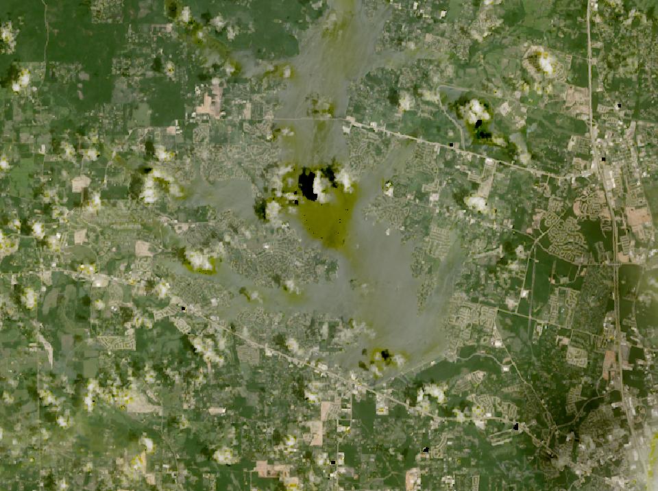 Lake Conroe from space, highest since 2016, Jul 19, 2026