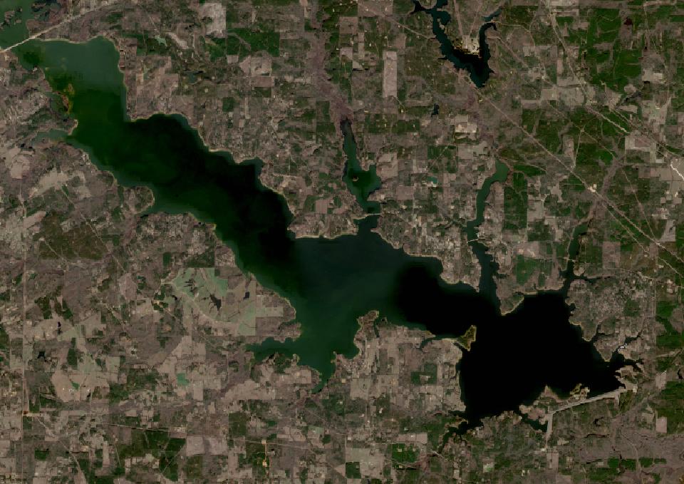 Lake O the Pines from space, highest since 2016, Dec 31, 2025