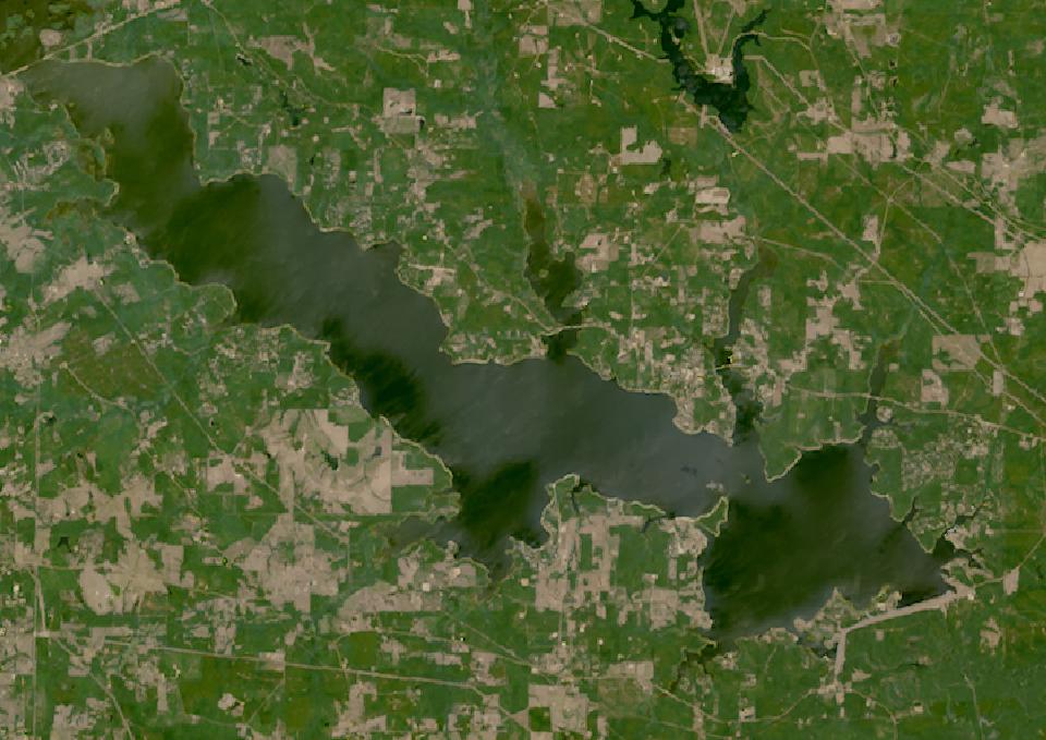 Lake O the Pines from space, lowest since 2016, Aug 2, 2022