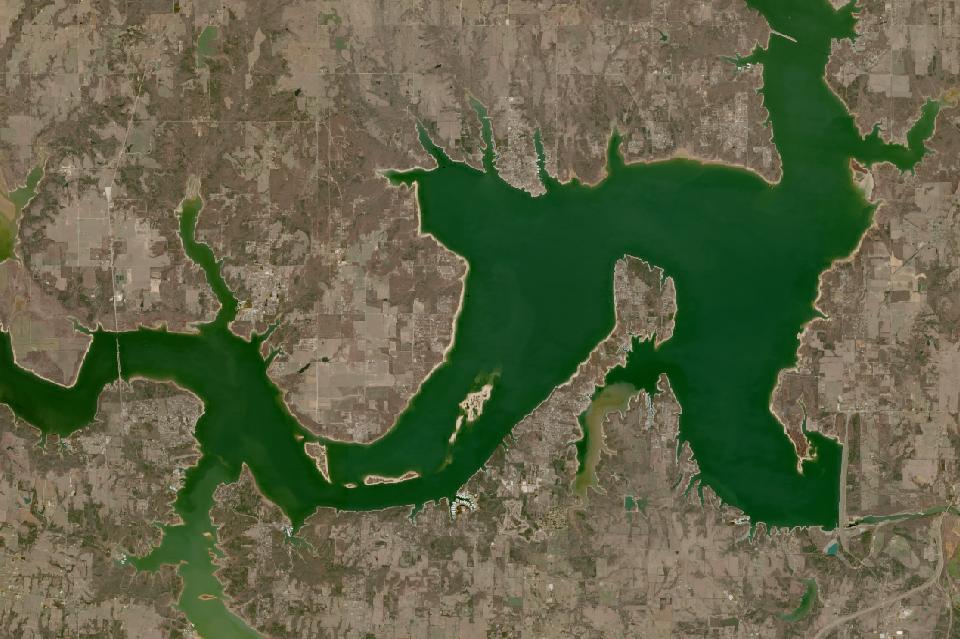 Lake Texoma from space, lowest since 2016, Mar 2, 2021