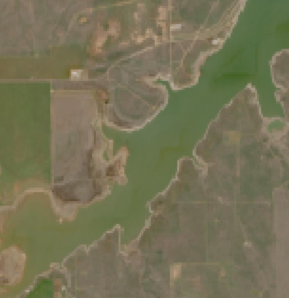 Millers Creek Reservoir from space, lowest since 2016, Feb 1, 2024
