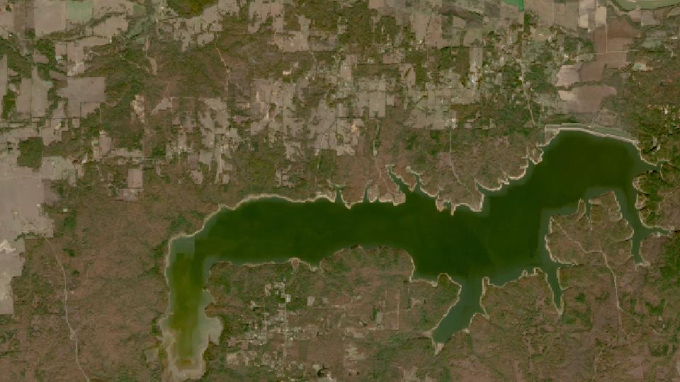 Pat Mayse Lake from space, lowest since 2016, Dec 1, 2024