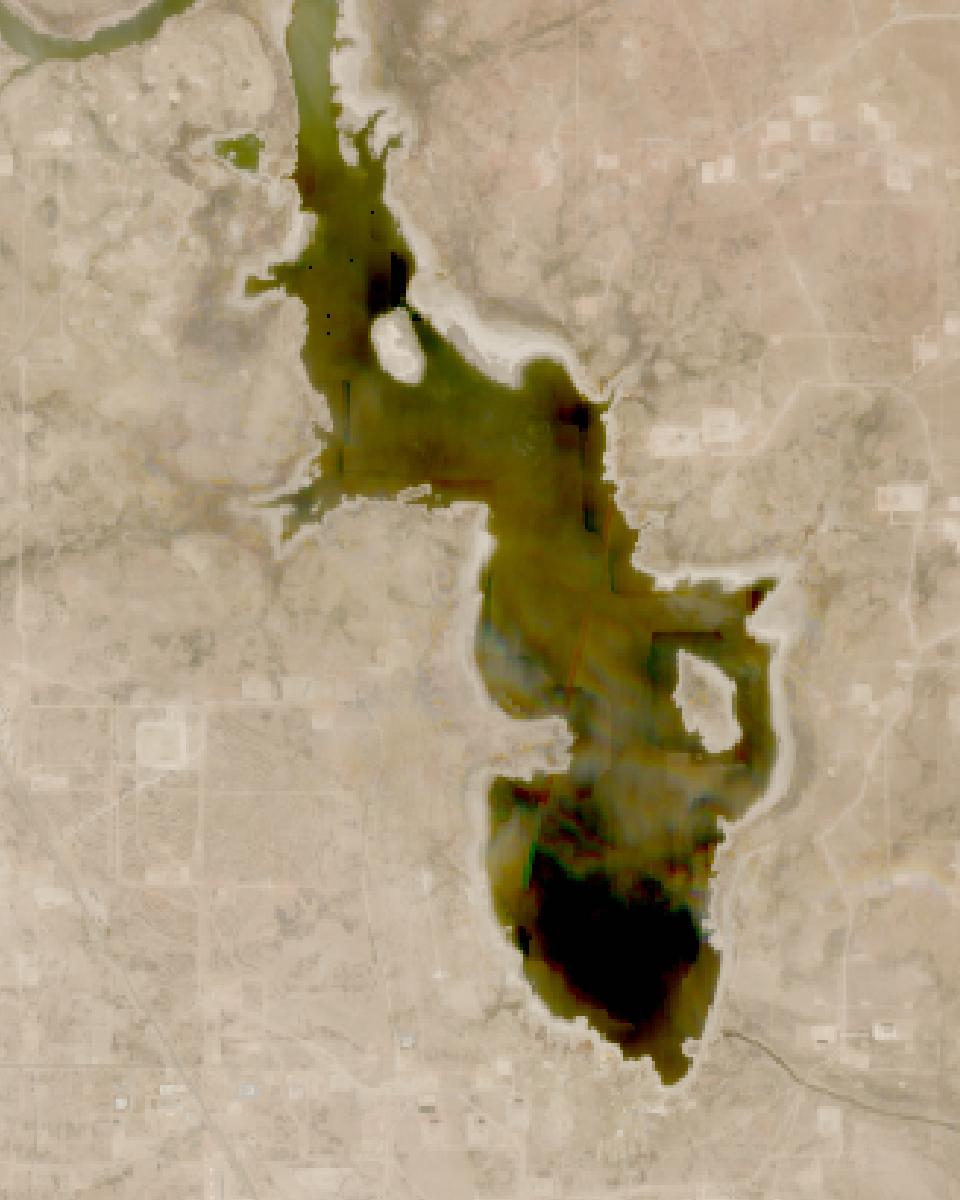 Red Bluff Reservoir from space, lowest since 2016, Jun 28, 2024
