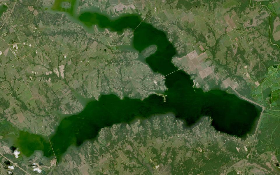 Richland-Chambers Reservoir from space, highest since 2016, Aug 18, 2025
