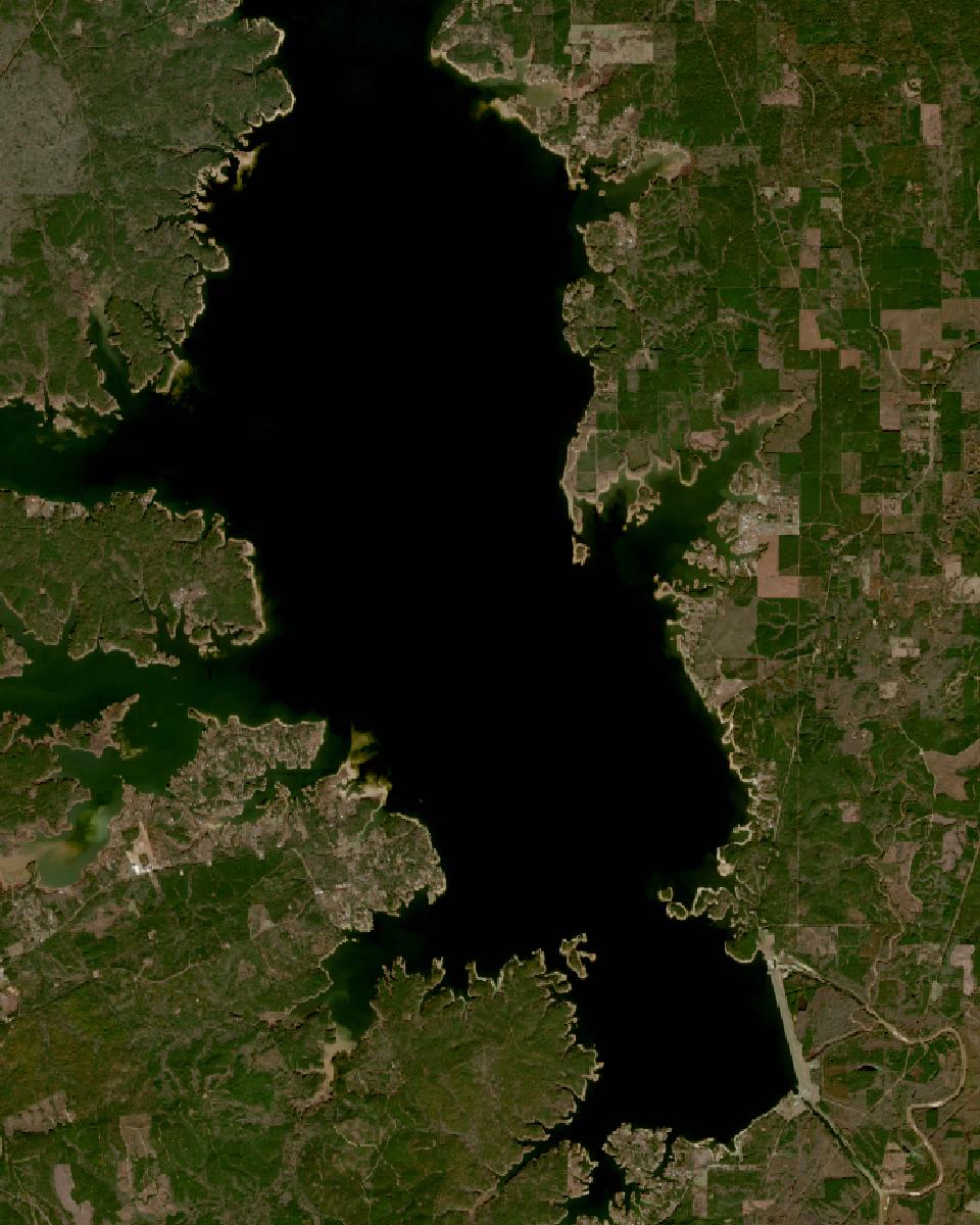 Toledo Bend Reservoir from space, lowest since 2016, Dec 30, 2019