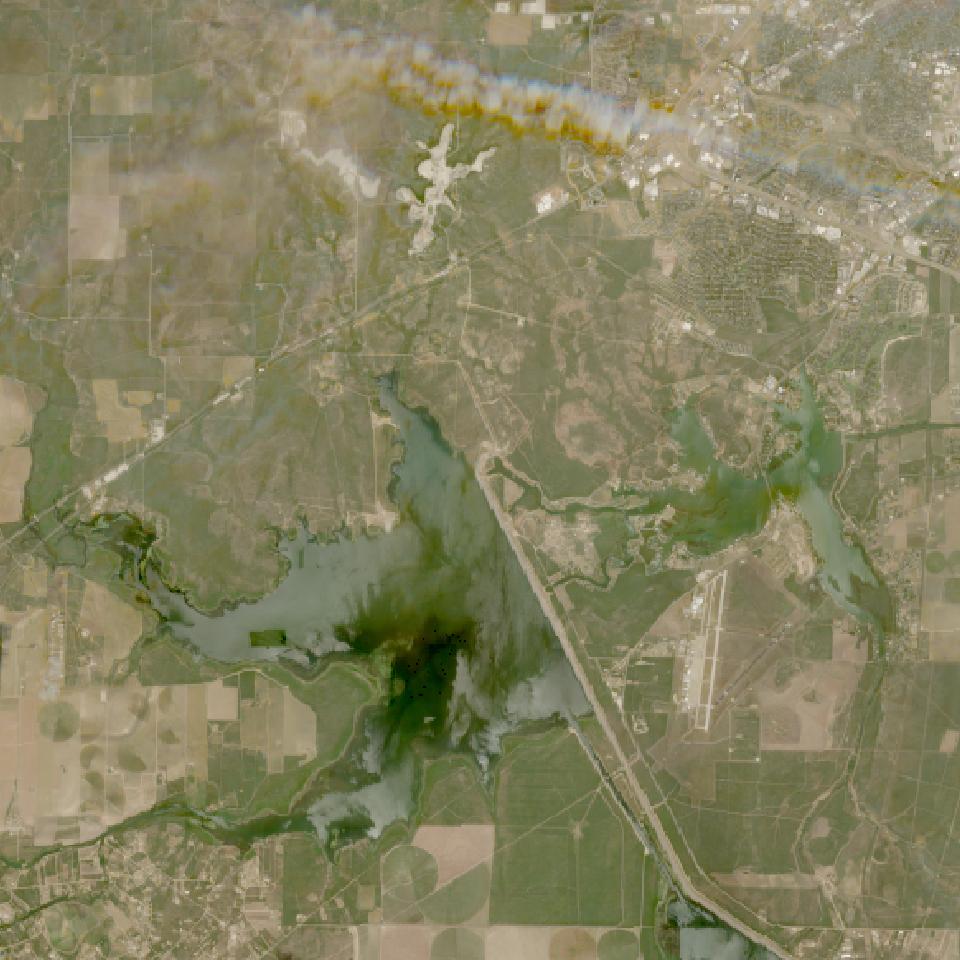 Twin Buttes Reservoir from space, highest since 2016, Aug 1, 2019