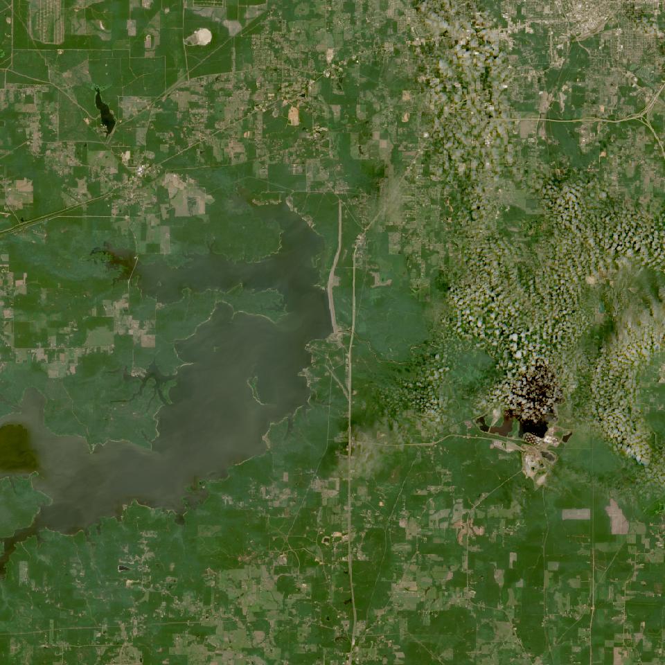 Wright Patman Lake from space, highest since 2016, Jul 31, 2026